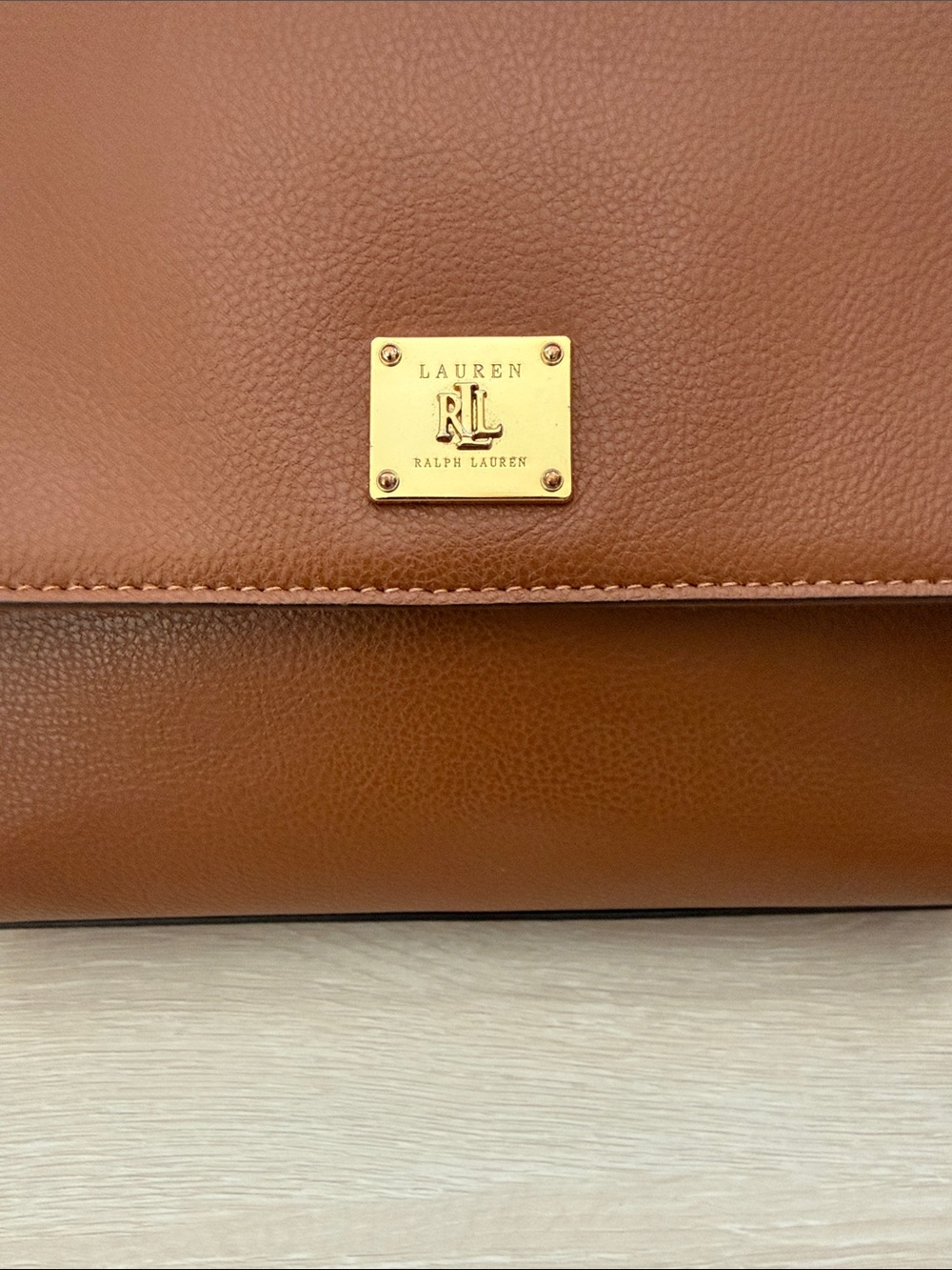 Lauren Ralph Lauren Tan Pebble Leather Crossbody with Gold Plaque - Picture 2 of 16